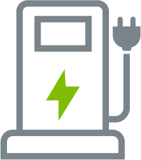 Grey outline of electric vehicle charger icon with small green lightning bolt in middle