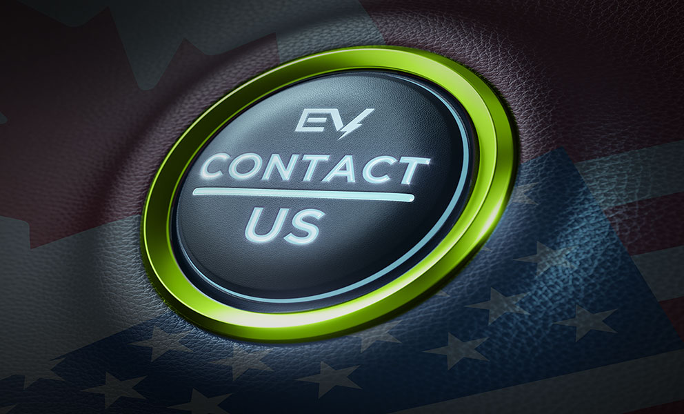 Leather mixed Canadian and USA flags with embedded “EV CONTACT US” button with green outline