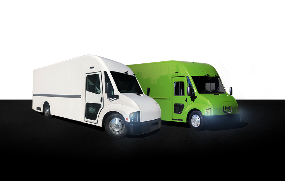 Workhorse logo above C650 & C1000 electric vans side by side