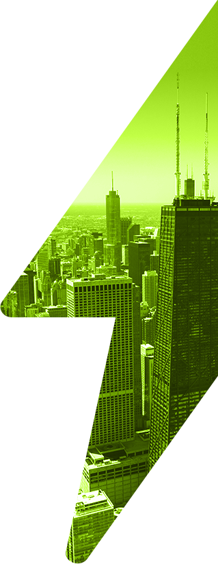 Large green lightning bolt with inset of Willis Tower skyscraper and financial buildings in Chicago, Illinois