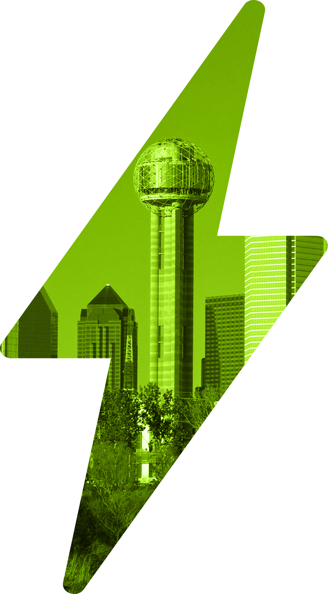 Large green lightning bolt with inset of Dallas, Texas cityscape with Reunion Tower