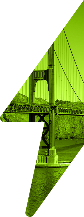 Large green lightning bolt with inset of Golden Gate Bridge in San Francisco, California