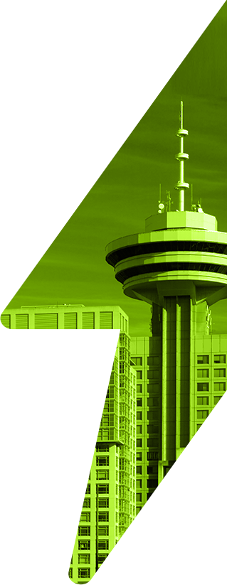 Large green lightning bolt with inset of Harbour Centre Tower in Vancouver, British Columbia