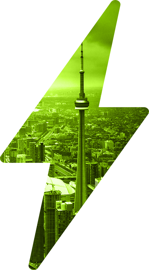 Large green lightning bolt with inset of Toronto, Ontario cityscape with CN Tower